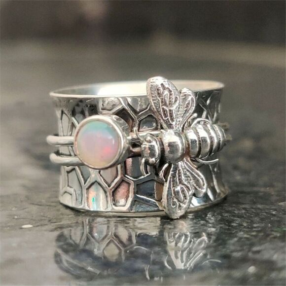 Unbranded Jewelry - Bee Ring, Silver Bee Ring, Silver Band Ring, Opal Bee Ring, Bumble Bee Ring, Bee